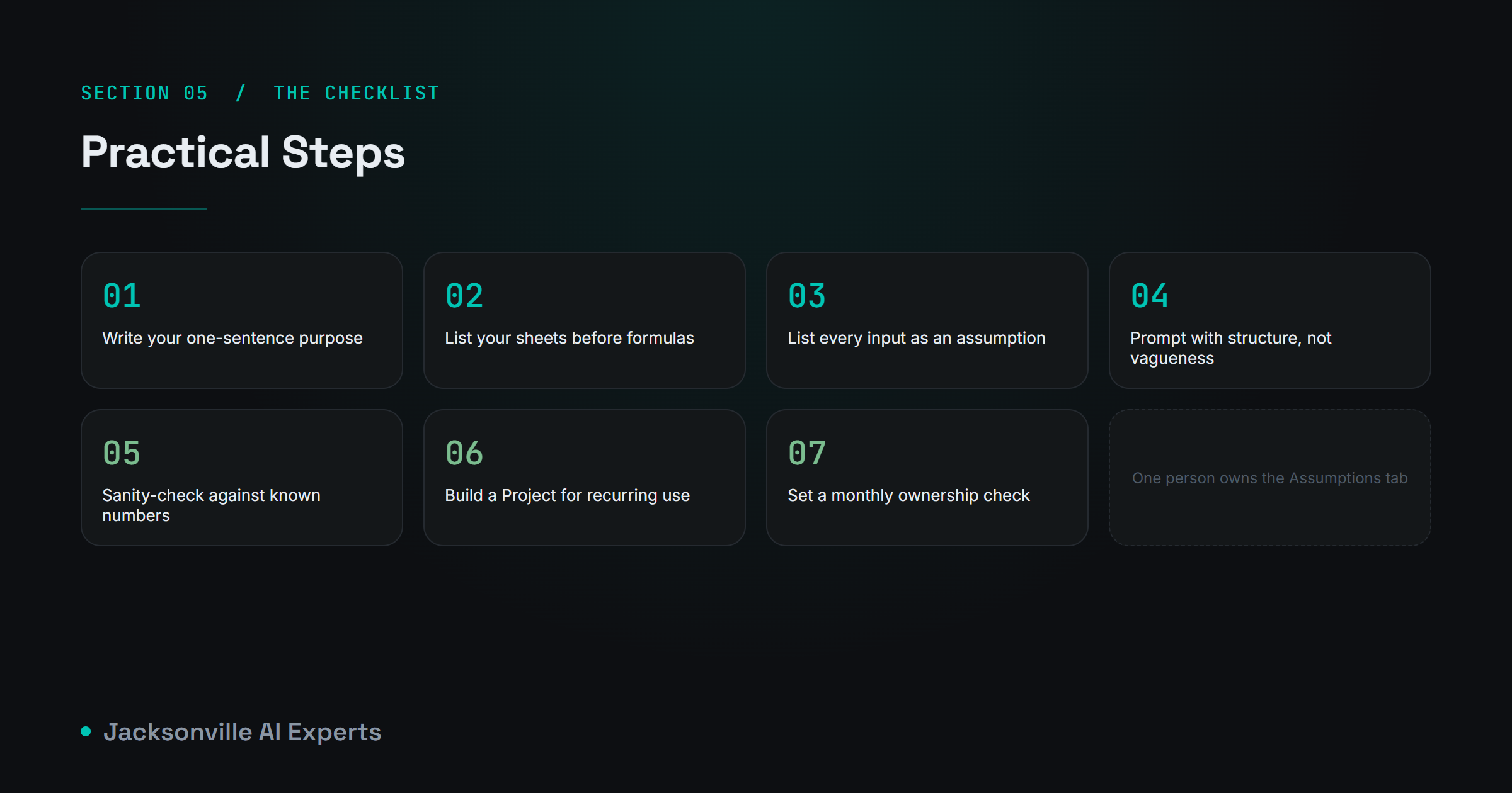 Checklist of seven practical steps for building a financial tracking spreadsheet
